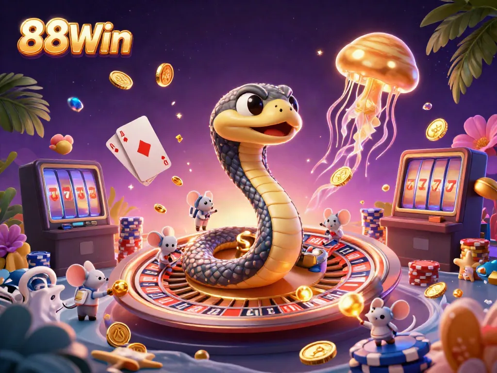 Place bets on the vibrant 88Win galactic roulette with astronaut mice in an engaging casino scene.