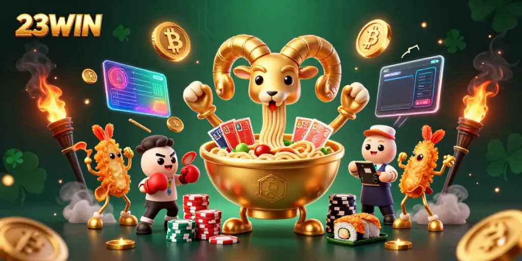 23WIN's vibrant casino scene showcasing a playful ramen bowl character dealing cards amid glowing crypto elements