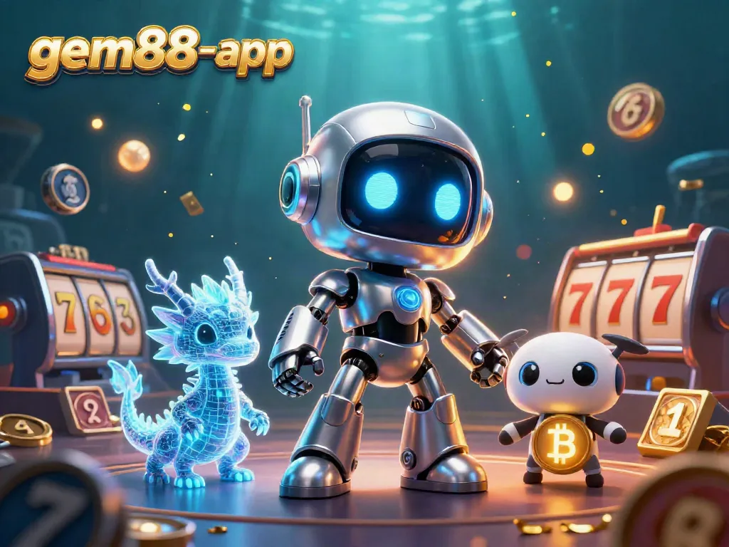 Experience thrilling games at gem88-app with a vibrant 3D illustration featuring dynamic casino elements.