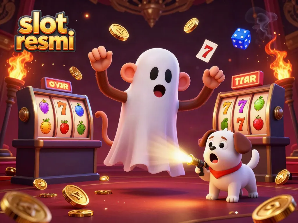 Experience the thrill of slot resmi with a playful poltergeist monkey and ghost-hunter puppy in a vibrant casino.