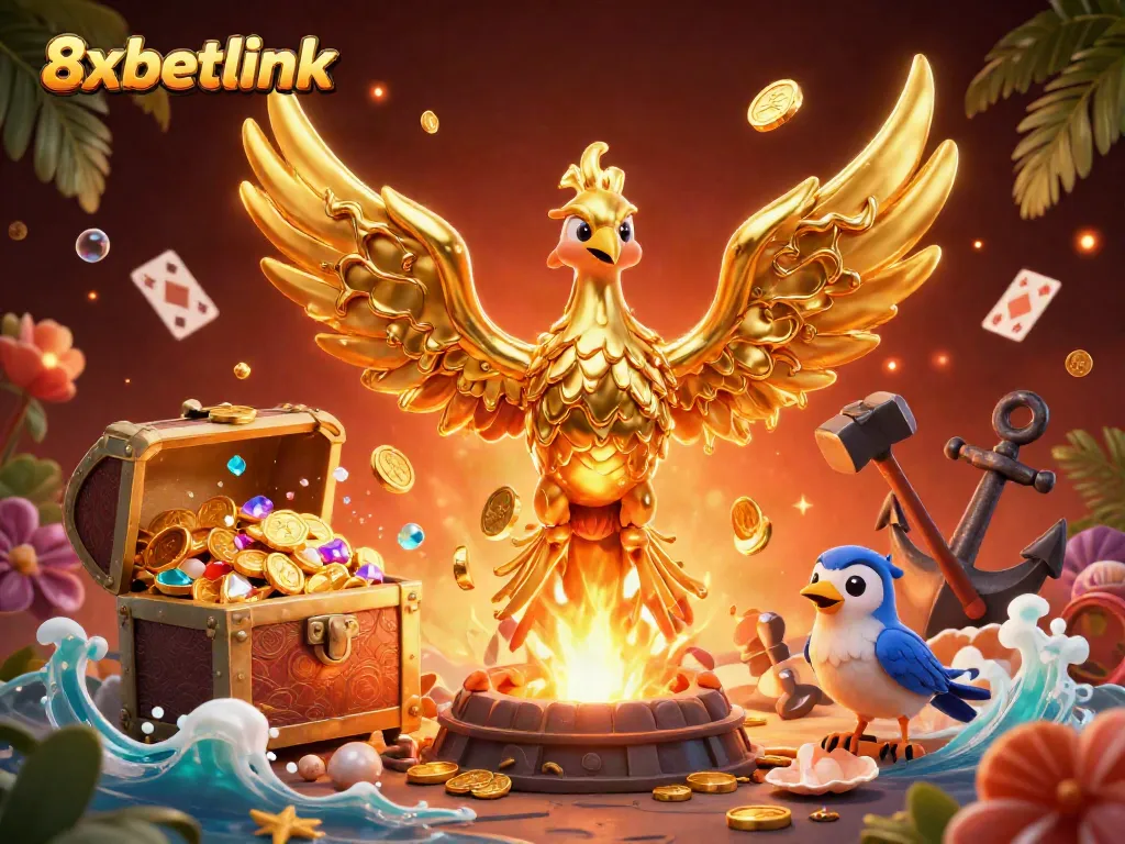 Experience the excitement of 8xbetlink with a vibrant 3D illustration of captivating casino characters and elements.
