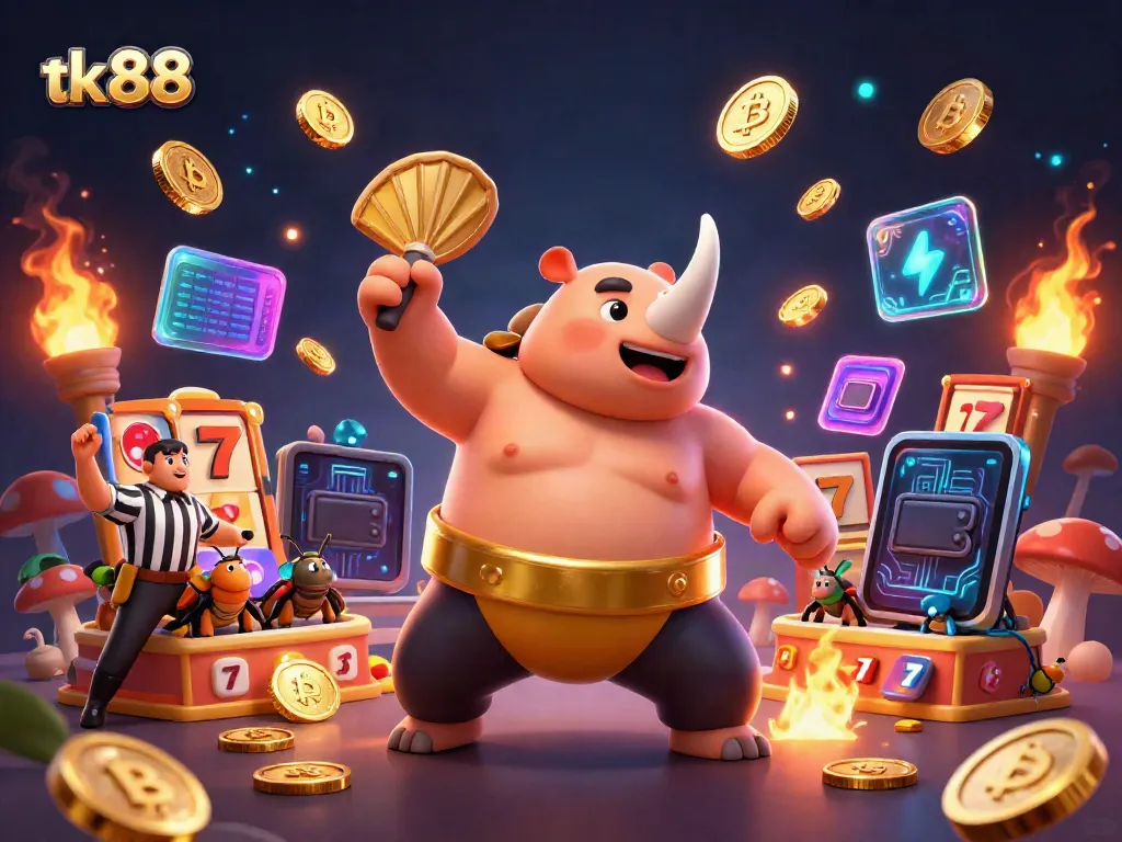 Experience thrilling casino action with tk 88 in a vibrant 3D scene of beetle champions amidst golden coin drops.