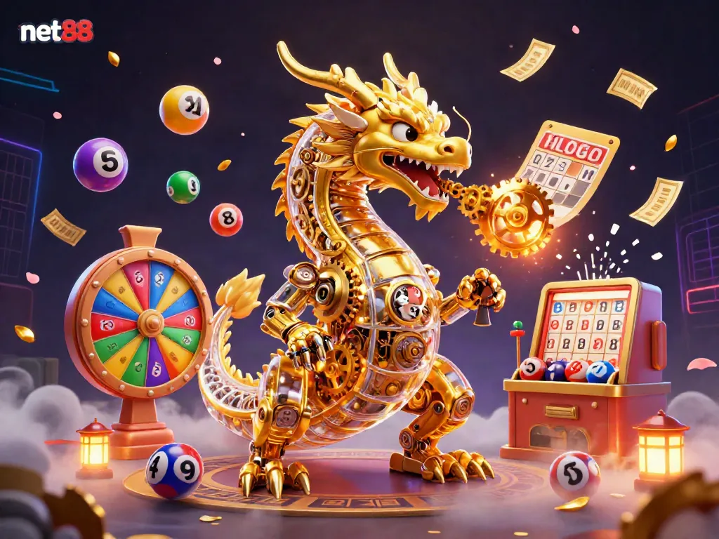 Engage with net88's dynamic gambling world featuring a golden dragon, lottery elements, and vibrant prizes.