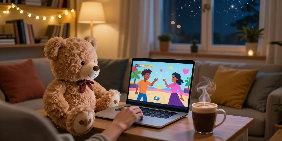 Engaging NSFW chat scene with individual using laptop and playful props in cozy room.