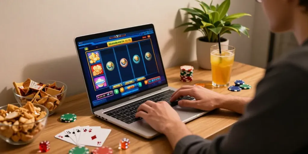 Immersive online credit card casinos gaming scene with vibrant slot games on laptop and cozy atmosphere.