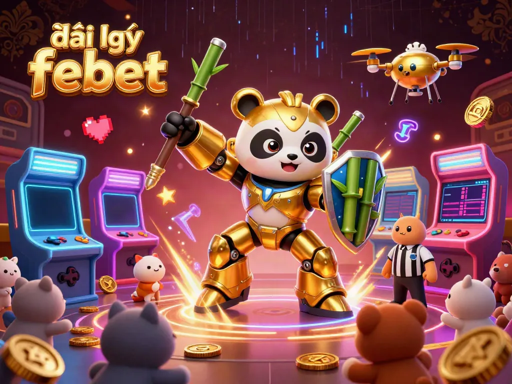 Engage with thrilling gameplay at đại lý febet as a golden panda pilots a robot in a vibrant arcade.